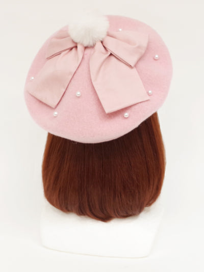 Felt beret with fur pompom ribbon