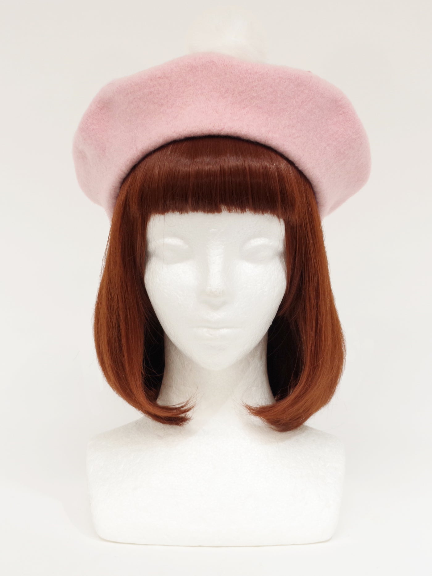 Felt beret with fur pompom ribbon