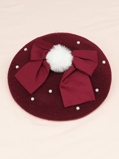 Felt beret with fur pompom ribbon