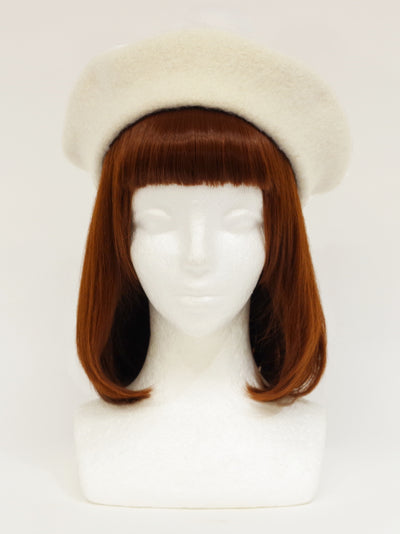 Felt beret with fur pompom ribbon